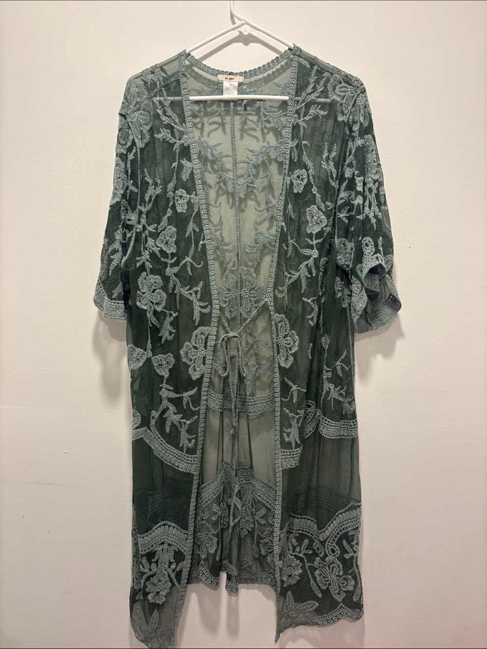 Mi ami womens Sheer Embroidered Floral Kimono in Sage Green small